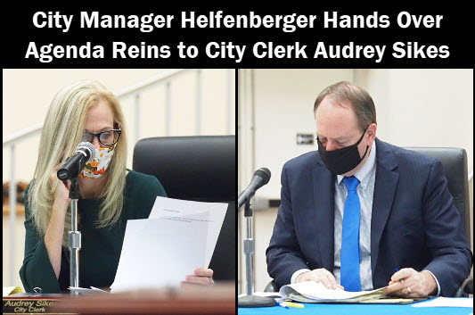 City Clerk Audrey Sikes and City Manager Joe Helfenberger with copy:  City Manager Helfenberger hands over agenda reins to City Clerk Audrey Sikes