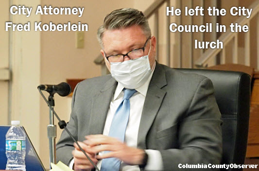 Photo of Fred Koberlein, Jr., with copy: City Attorney Fred Koberlein, he left the city council in the lurch