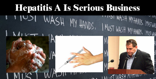 Lead graphic: Hepatitis A is serious busines. Blackboard written over and over again, "I must wash my hands."