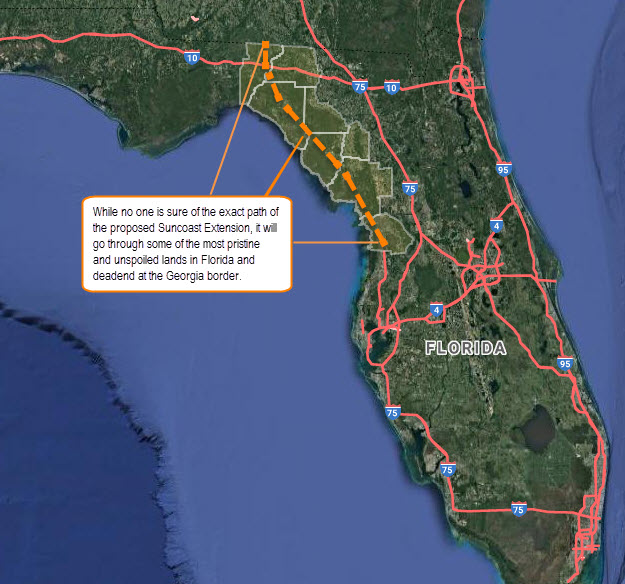 Satellite image of Florida with major roads and proposed Suncoast extension