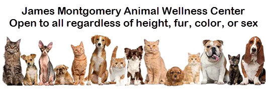 Graphic with dogs and cats in a line with the heading: James Montgomery Animal Wellness Center, open to all regardless of height, fur, color, or sex.