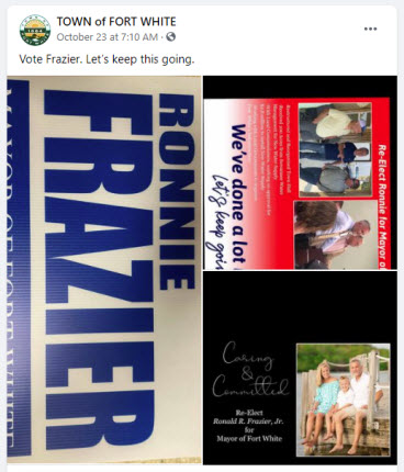 Faux Town of Fort White Facebook page endorcing Ronnie Frazier for Mayor