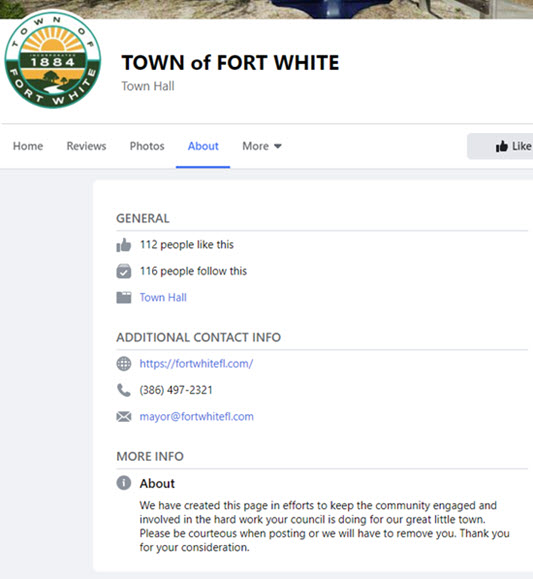 Faux Town of Fort White faux Facebook page information
