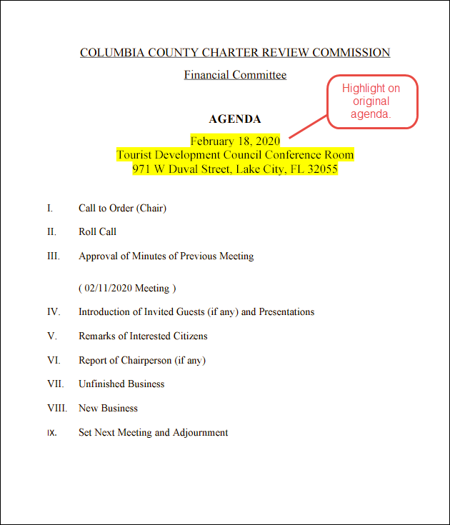 Columbia County Finance subcommittee agenda