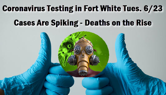 Graphic with covid man and copy: Coronavirus spiking: 100,207 pos, deaths 3.173; anyone can get it, DOH free testing in Fort White