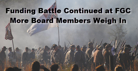 Confederate soldiers with headline: Funding Battle Continued at FGC