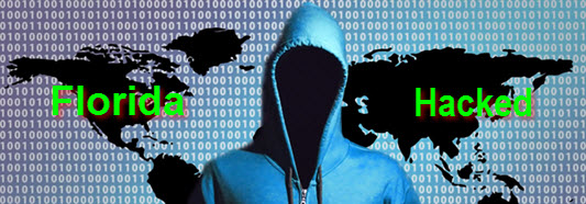 picture of shadow computer hacker of digital background and flattened world globe with the words across image: Florida Hacked