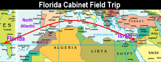 flattened globe showing route between Florida & Israel