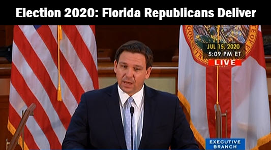 FL Channel screen shot of DeSantis. Copy reads election 2020, FLorida Repubicans deliver