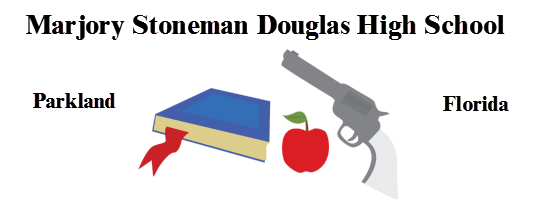 Graphic: showing the words Marjory Stoneman Douglas High School with line art of a school book, an apple, and a handgun