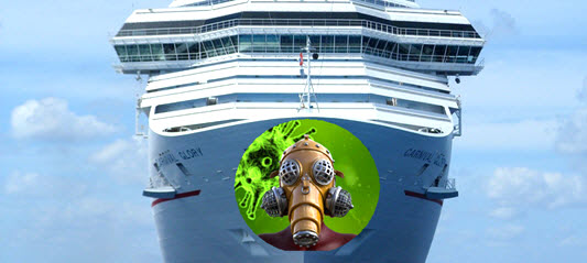 cruise ship with image of Covidman on bow