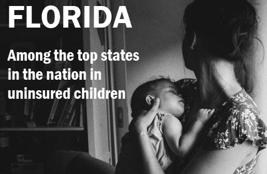 Mother and Child in black and white with copy: Florida, among the top states in the nation in uninsured childres