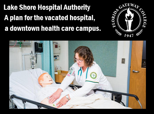 Photo of health care worke with caption: Lake Shore Hospital Authority, a plan for the vacated hospital,, a downtown health care campus