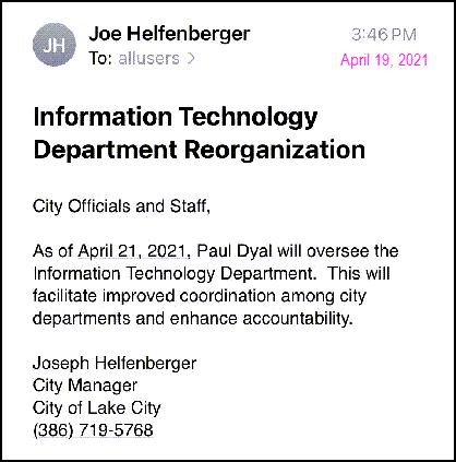 City Manager Joe Helfenberger's email announcing the supervision of the Lake City IT Department
