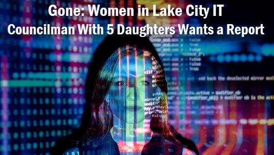 Woman reflected in computer monitor with caption: Gone: women in Lake City IT. Councilman with 5 daughters want a report.