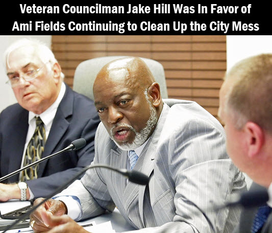 Photo of Councilman Jake Hill with Mayor Witt and Councilman Greene lookin on. Caption: Veteran Councilman Jake Hill was infavor of Ami Fields continuing to clean up the City mess.