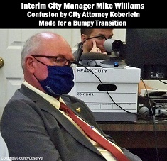 Photo of Mike Williams in City Hall audience, with caption: It's official – again – Mikee Williams is interim Lake City, City Manager, but not withouut a couple of bumps in the road