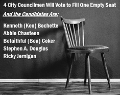 Photo of empty chair with caption: 4 City Councilmen will vote to fill one empty seat