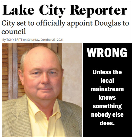 Lake City Reporter headline and photo of Mike Williams. Copy: City set to officially appoint Douglas to council