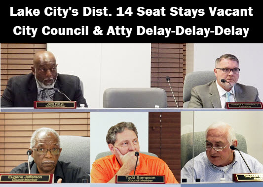 Photos of city council members and city attorney with caption: Lake City's District 144 seat stays vacant. City Council and attorney delay-delay-delay