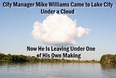 Photo of cloud over river with caption: City Manager Mike Williams submits resignation. Paul Dyal to run city as city manager search progresses
