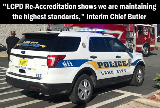 Photo: LCPD police vehicle with caption: "LCPD re-accreditation shows we are maintaining the hightest standards," Interim Chief Butler