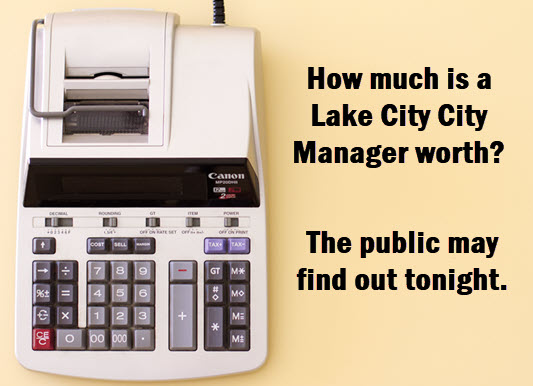 photo of calculator with caption: How much is a Lake City city manager worth? The public may find out tonight.