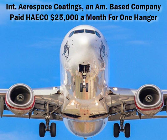 Jetliner painted by International Aerospace Coatingsl with headline: International Aerospace Coatings, an American based company, paid HAECO $25,000 month for one Hanger