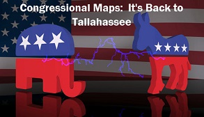 image of donkey and elephant with caption: congressional maps, it's back to Tallahassee