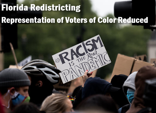 Photo of demonstrators holding sign: "Racism is the real pandemic." Graphic caption: Florida redistricting. Representation of voters of color reduced
