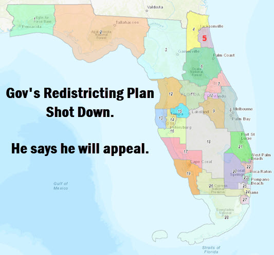 New Florida redistricting map with caption: Gov's redistricting plan shot down. He says he will appeal.
