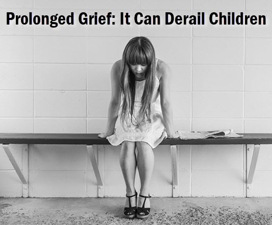 girl sitting on bench with head down, with headline: prolonged grief, it can derail children