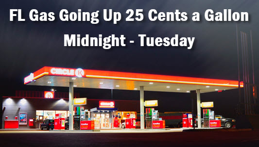 Circle K at night with headline: FL Gas Set To Rise 25 Cents a Gallon, Tomorrow At Midnight