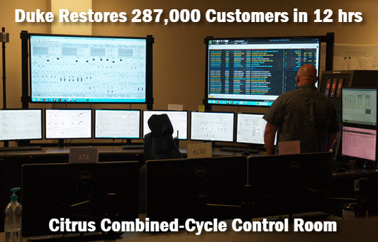 Photo of Duke Citrus combined cycle control room, with headline: Duke restores 287,000 customers in 12 hours