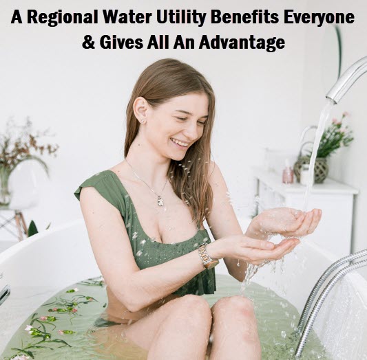Young woman enjoying clean water with headline: A regional water utility benefits everyone & gives all an advantage