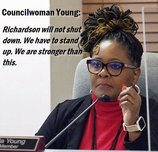 Councilwoman Chevella Young with headline: Richardson will not shut down. We have to stand up. We are stronger than this.