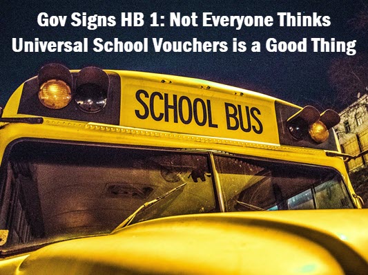 School Bus with headline: Gov Signs HB 1: the potential impact of universal vouchers is a "looming risk to Florida"