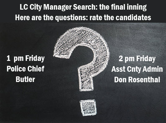 Pictuure of question mark. Graphic announces questions for city manager candidates