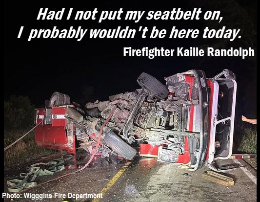 Fire truck roll over crash: Seatbelt saves figherfigher's life